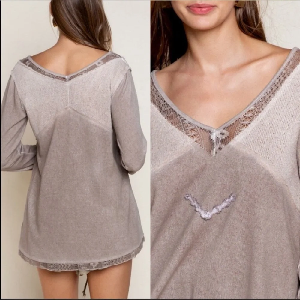 POL - Lace Trim Long Sleeve Knit Top - Picture 2 of 5